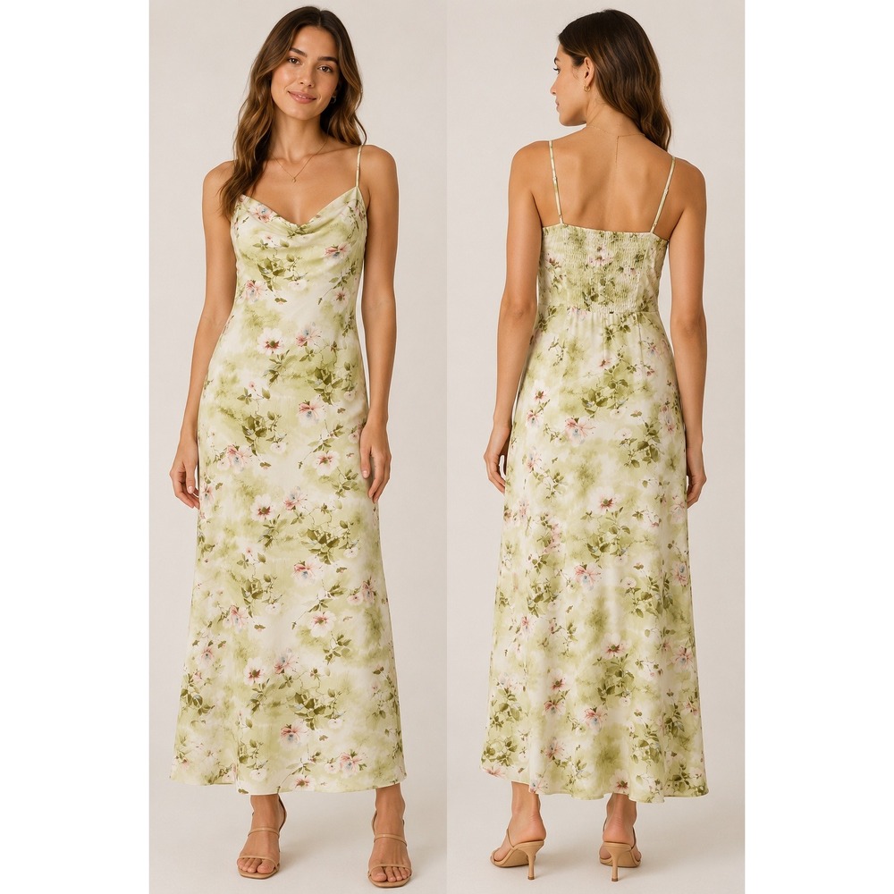 Abercrombie & Fitch Floral Slip Midi Dress Women's Lg Green White Cowl Neck NWT